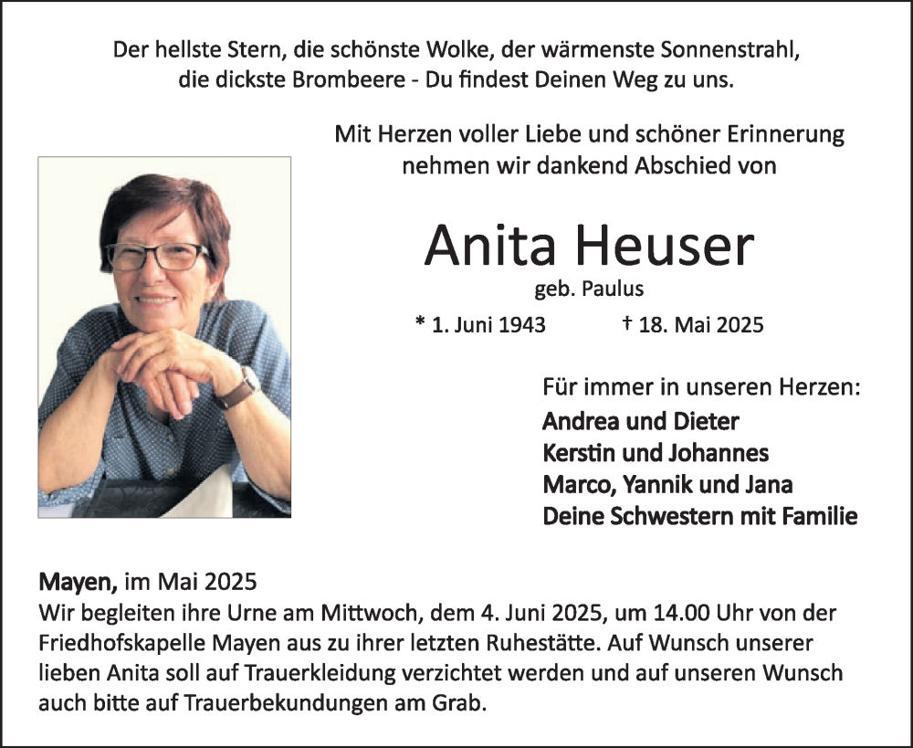  Traueranzeige für Anita Heuser vom 28.05.2025 aus WochenSpiegel