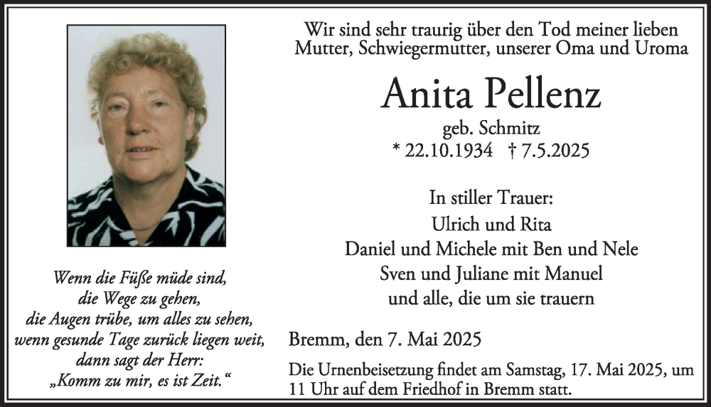  Traueranzeige für Anita Pellenz vom 14.05.2025 aus WochenSpiegel
