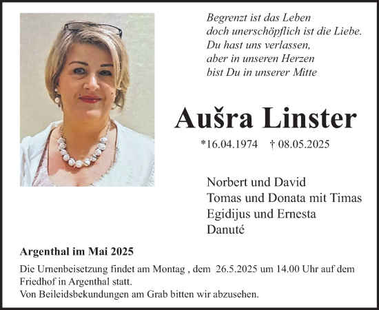 Traueranzeige von Ausra Linster von WochenSpiegel