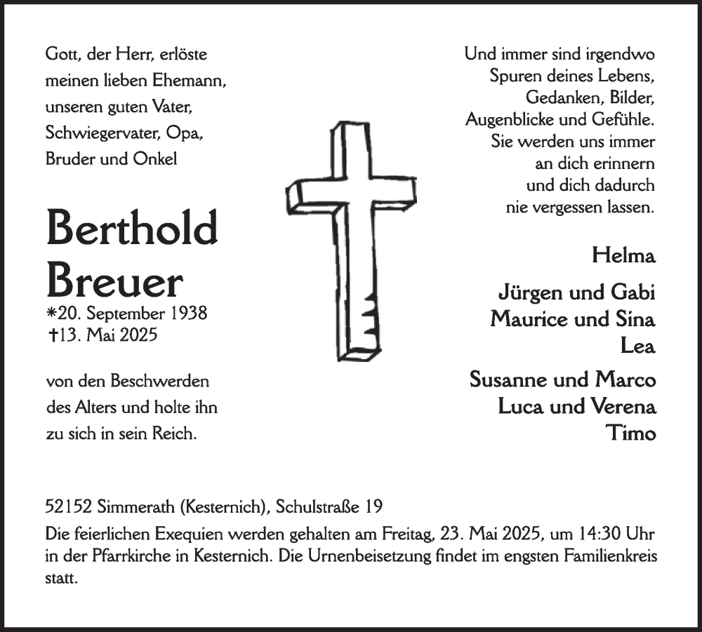  Traueranzeige für Berthold Breuer vom 21.05.2025 aus WochenSpiegel