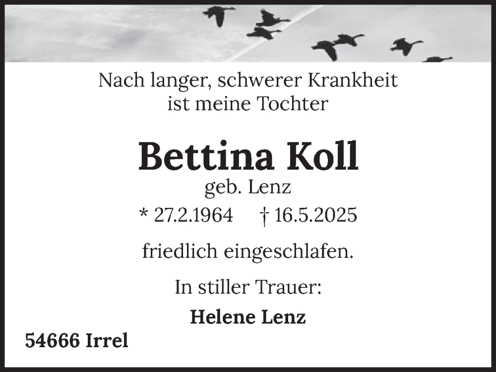  Traueranzeige für Bettina Koll vom 23.05.2025 aus WochenSpiegel