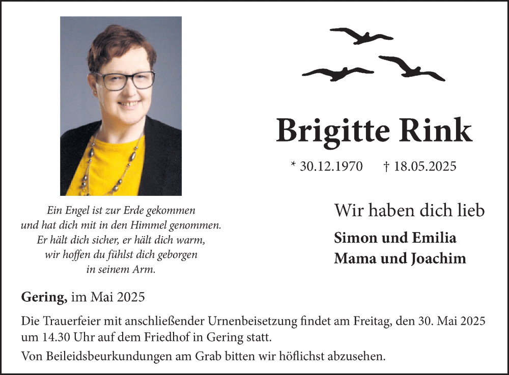  Traueranzeige für Brigitte Rink vom 28.05.2025 aus WochenSpiegel