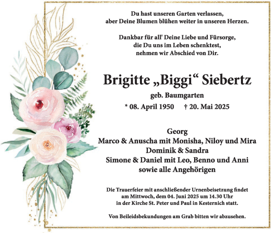 Traueranzeige von Brigitte Siebertz von WochenSpiegel