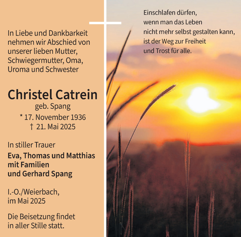  Traueranzeige für Christel Catrein vom 31.05.2025 aus WochenSpiegel