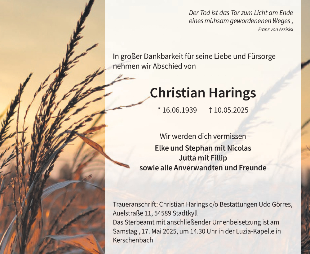  Traueranzeige für Christian Harings vom 17.05.2025 aus WochenSpiegel