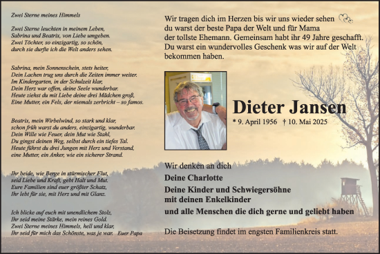 Traueranzeige von Dieter Jansen von WochenSpiegel