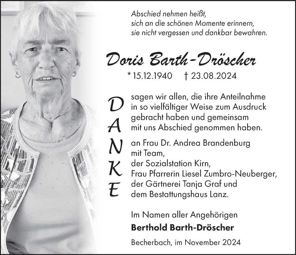  Traueranzeige für Doris Barth-Dröscher vom 16.11.2024 aus WochenSpiegel