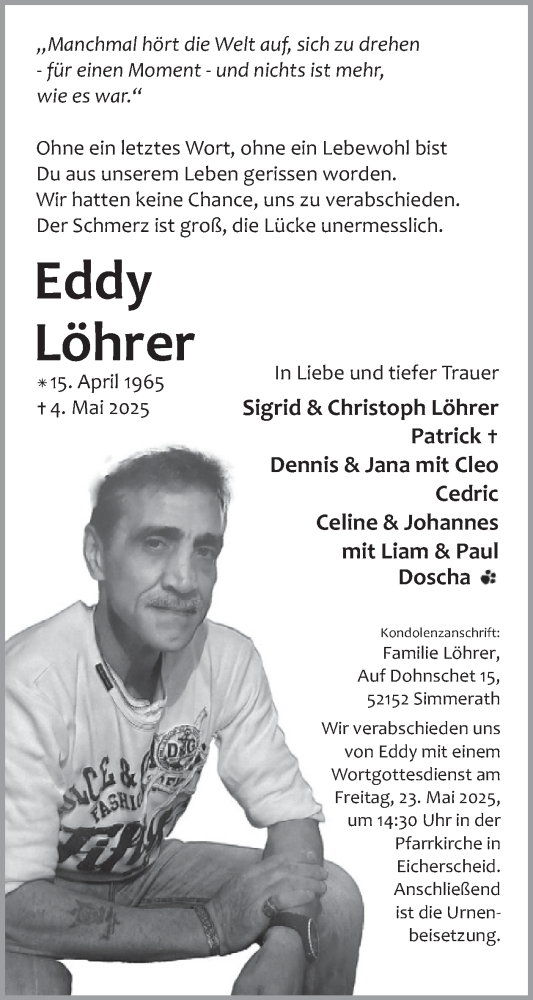  Traueranzeige für Eddy Löhrer vom 14.05.2025 aus WochenSpiegel