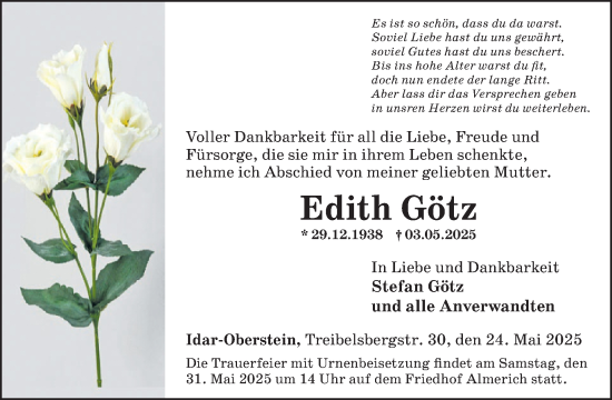 Traueranzeige von Edith Götz von WochenSpiegel