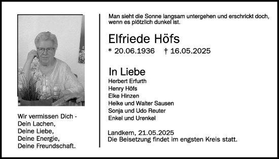 Traueranzeige von Elfriede Höfs von WochenSpiegel