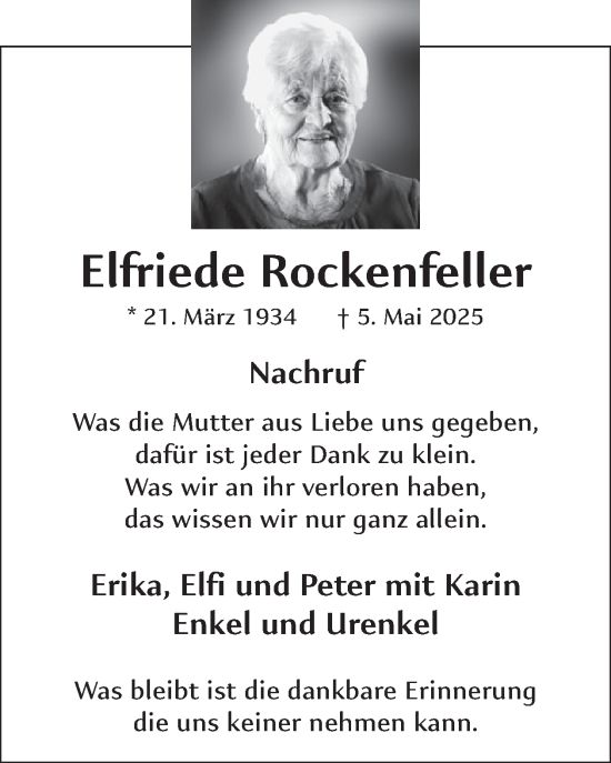 Traueranzeige von Elfriede Rockenfeller von WochenSpiegel