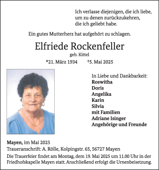 Traueranzeige von Elfriede Rockenfeller von WochenSpiegel
