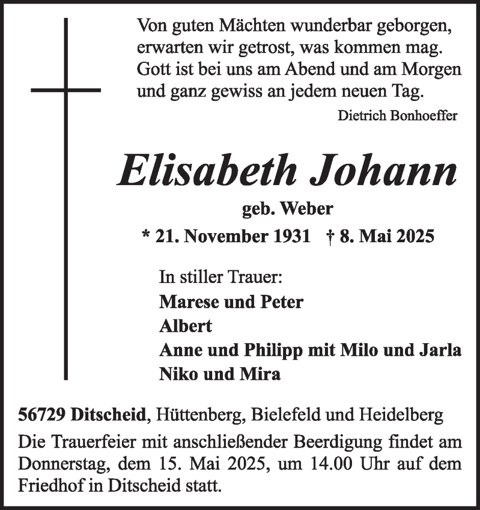  Traueranzeige für Elisabeth Johann vom 14.05.2025 aus WochenSpiegel