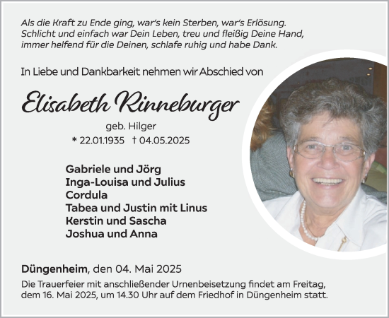 Traueranzeige von Elisabeth Rinneburger von WochenSpiegel