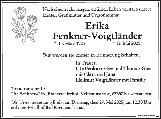 Traueranzeige von Erika Fenkner-Voigtländer von WochenSpiegel