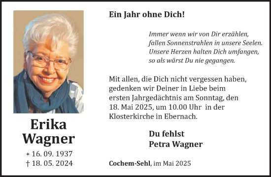 Traueranzeige von Erika Wagner von WochenSpiegel