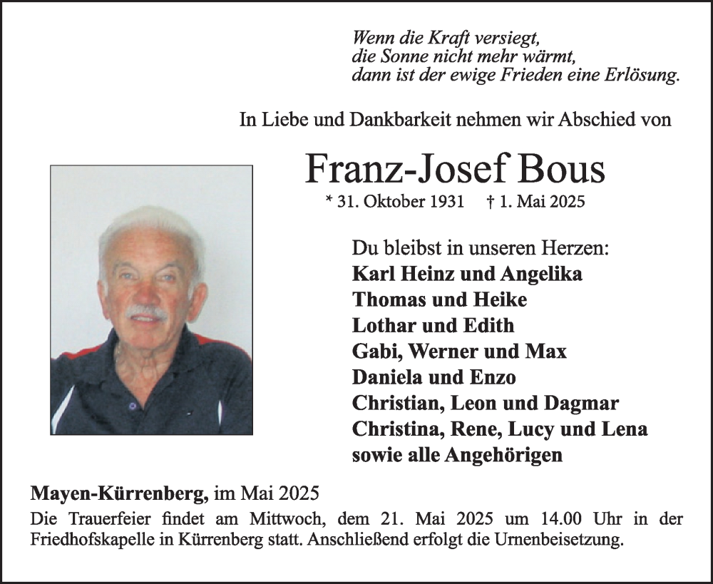  Traueranzeige für Franz-Josef Bous vom 14.05.2025 aus WochenSpiegel