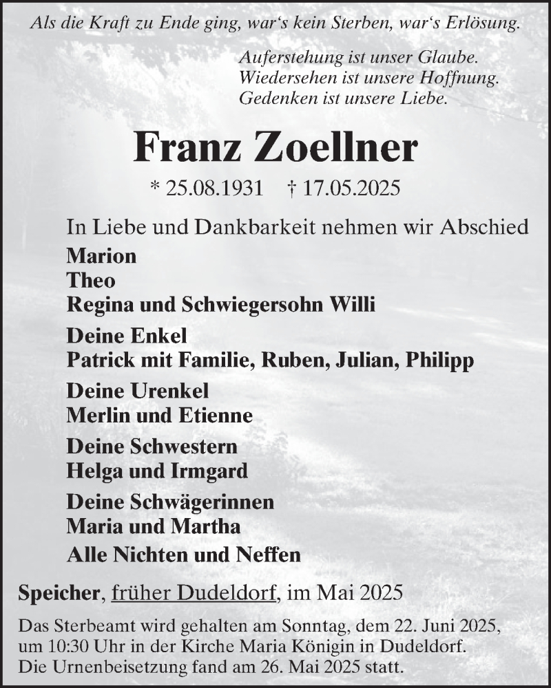  Traueranzeige für Franz Zoellner vom 30.05.2025 aus WochenSpiegel