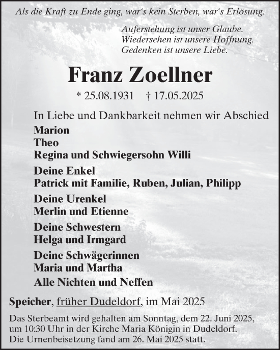 Traueranzeige von Franz Zoellner von WochenSpiegel
