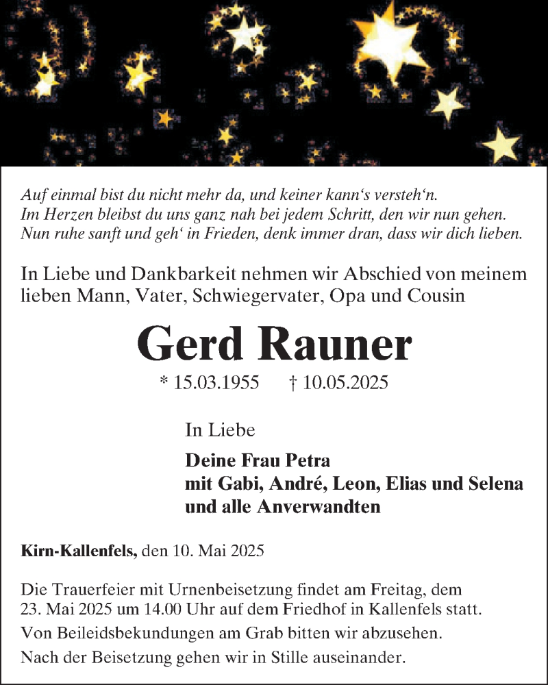  Traueranzeige für Gerd Rauner vom 17.05.2025 aus WochenSpiegel