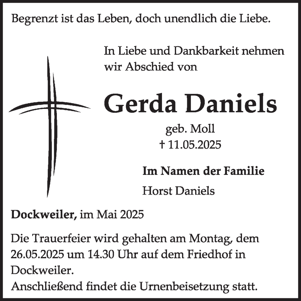  Traueranzeige für Gerda Daniels vom 24.05.2025 aus WochenSpiegel