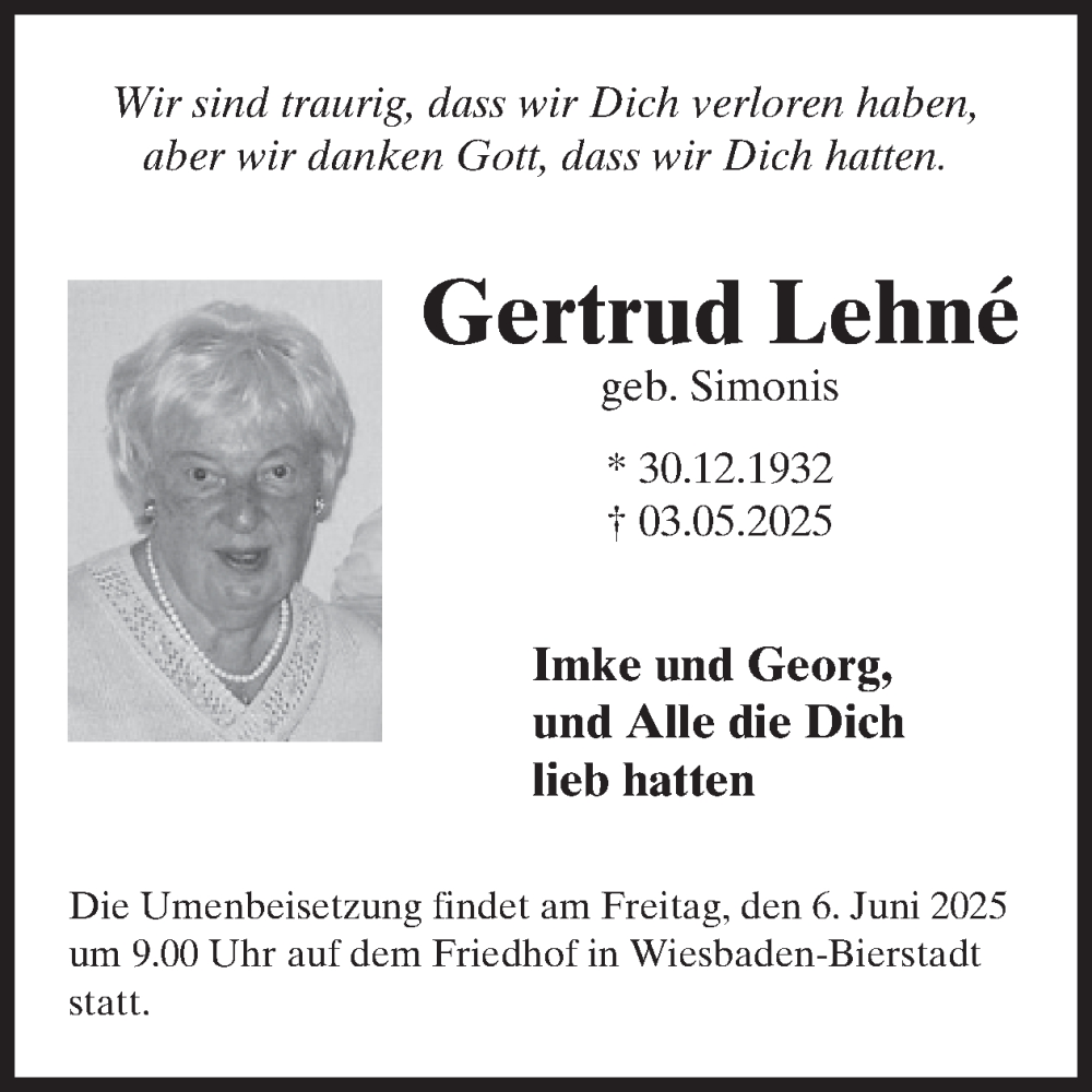  Traueranzeige für Gertrud Lehne vom 17.05.2025 aus WochenSpiegel