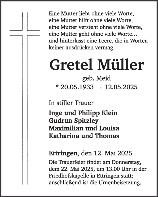 Traueranzeige von Gretel Müller von WochenSpiegel