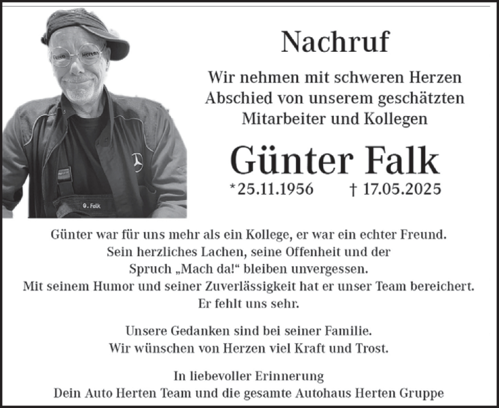  Traueranzeige für Günter Falk vom 28.05.2025 aus WochenSpiegel