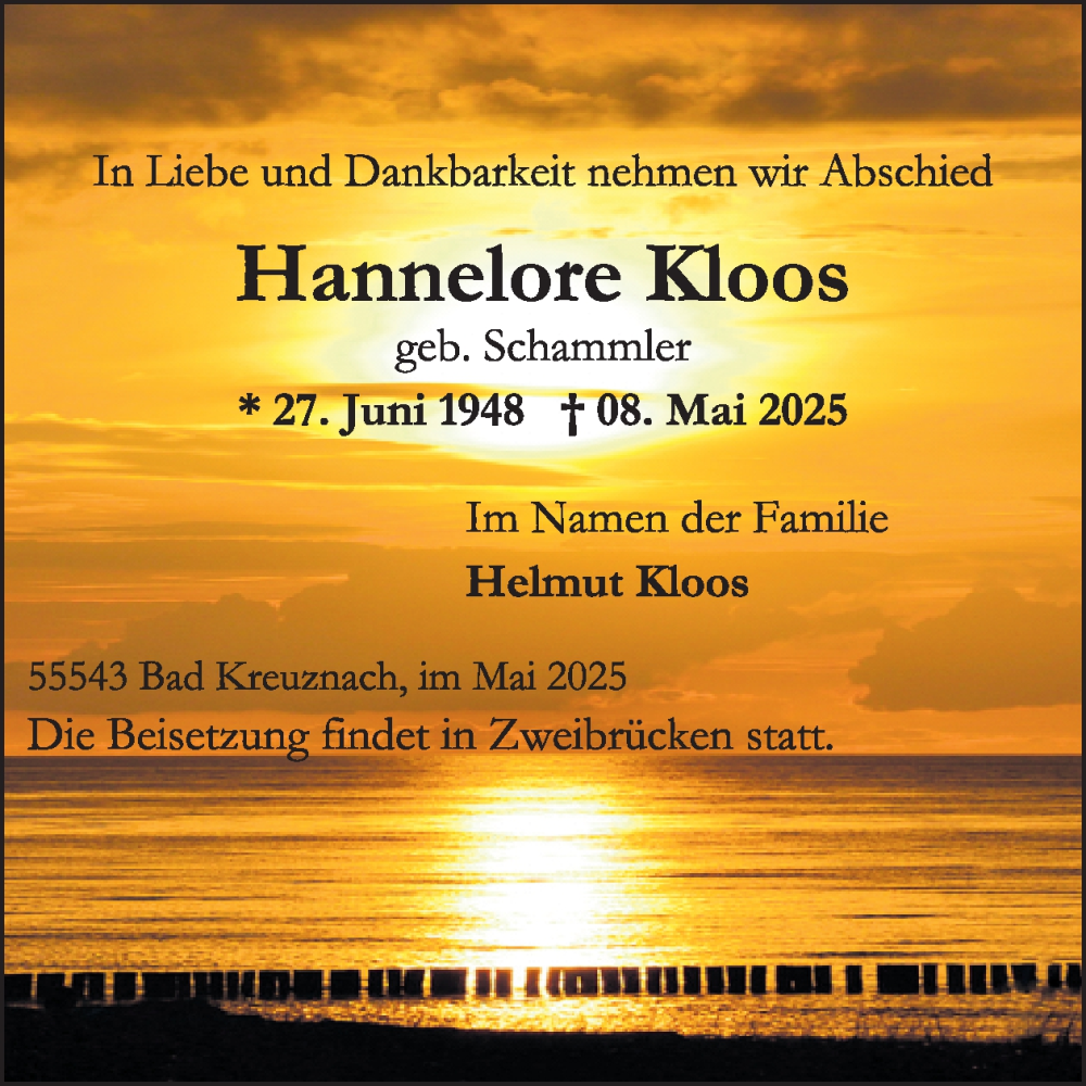  Traueranzeige für Hannelore Kloos vom 17.05.2025 aus WochenSpiegel