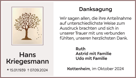 Traueranzeige von Hans Kriegesmann von WochenSpiegel