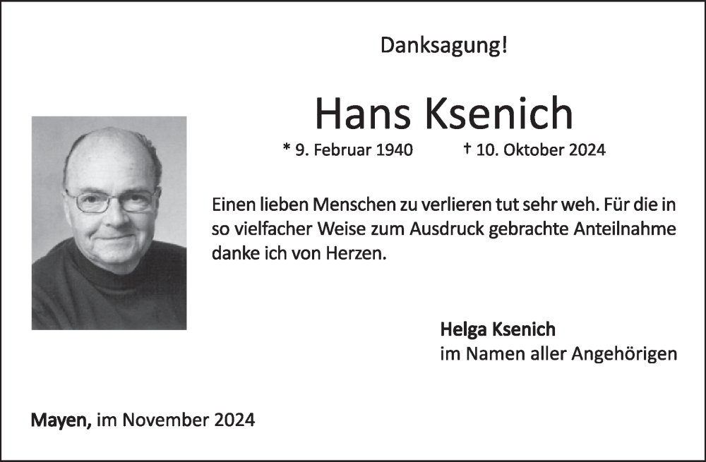  Traueranzeige für Hans Ksenich vom 20.11.2024 aus WochenSpiegel