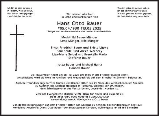 Traueranzeige von Hans Otto Bauer von WochenSpiegel