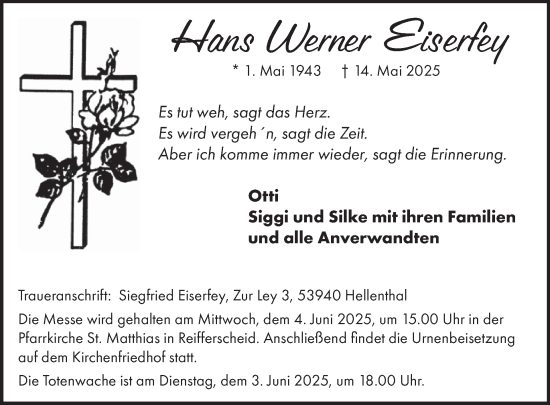 Traueranzeige von Hans Werner Eiserfey von WochenSpiegel