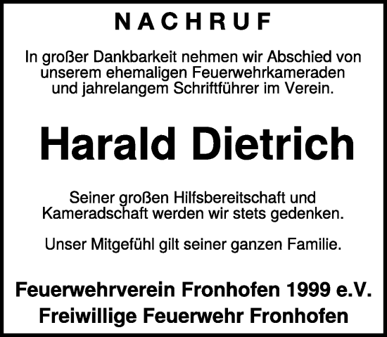 Traueranzeige von Harald Dietrich von WochenSpiegel