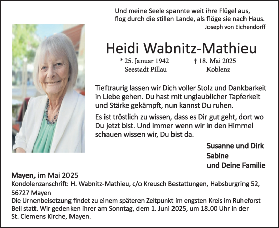 Traueranzeige von Heidi Wabnitz-Mathieu von WochenSpiegel