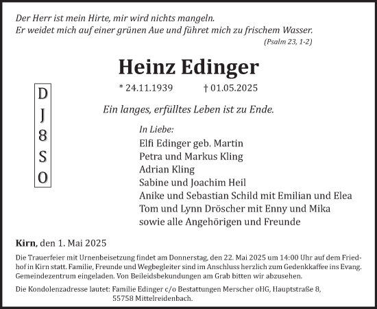 Traueranzeige von Heinz Edinger von WochenSpiegel