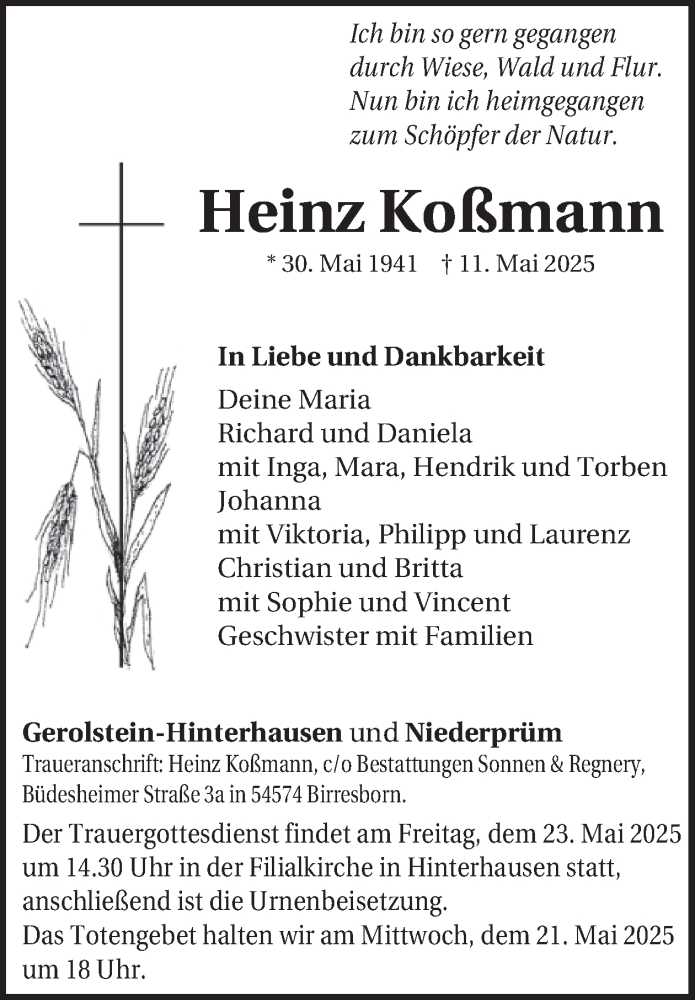  Traueranzeige für Heinz Koßmann vom 17.05.2025 aus WochenSpiegel