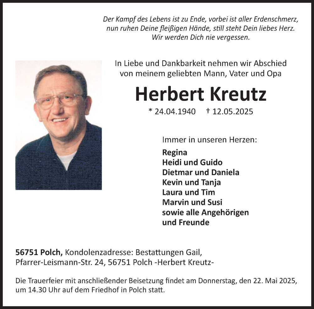  Traueranzeige für Herbert Kreutz vom 21.05.2025 aus WochenSpiegel