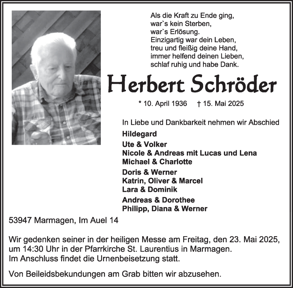  Traueranzeige für Herbert Schröder vom 21.05.2025 aus WochenSpiegel