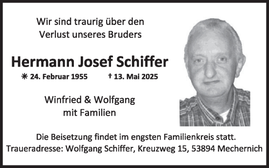 Traueranzeige von Hermann Josef Schiffer von WochenSpiegel