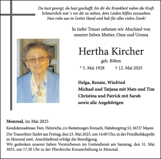 Traueranzeige von Hertha Kircher von WochenSpiegel