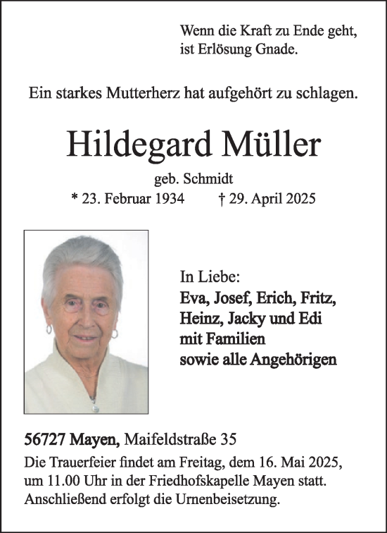 Traueranzeige von Hildegard Müller von WochenSpiegel