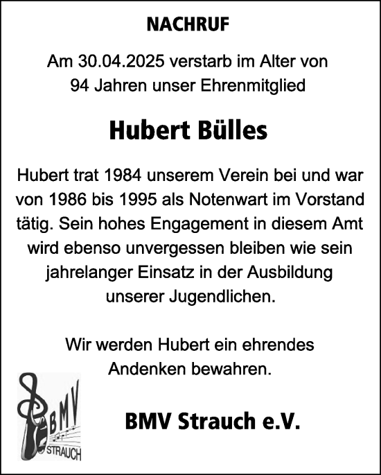 Traueranzeige von Hubert Bülles von WochenSpiegel