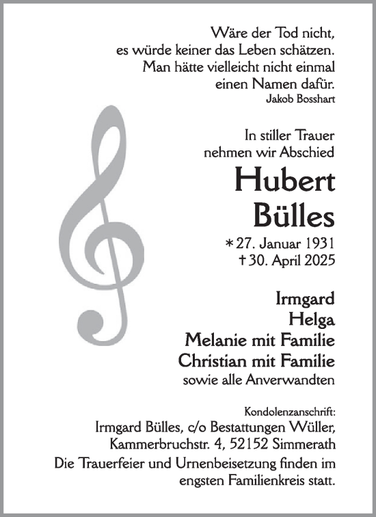 Traueranzeige von Hubert Bülles von WochenSpiegel