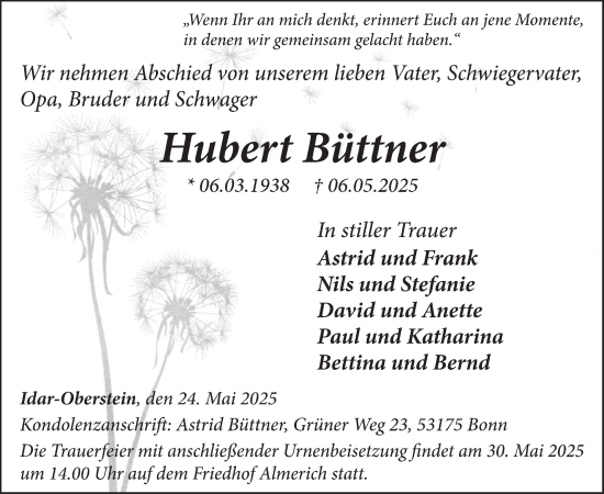 Traueranzeige von Hubert Büttner von WochenSpiegel