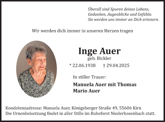 Traueranzeige von Inge Auer von WochenSpiegel