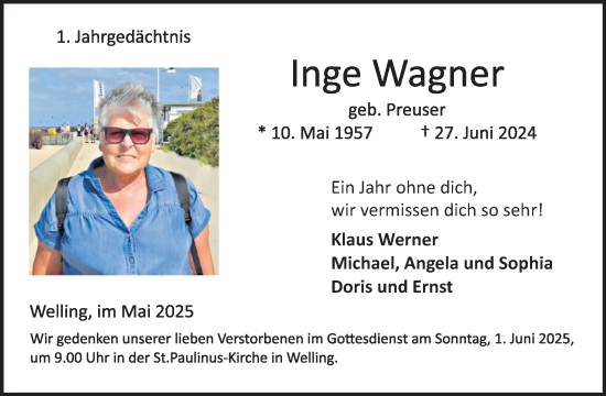 Traueranzeige von Inge Wagner von WochenSpiegel