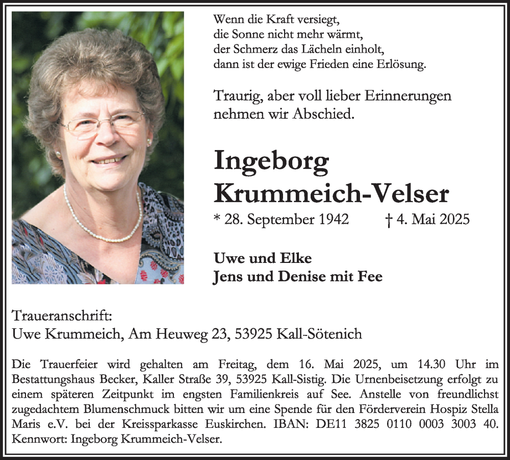  Traueranzeige für Ingeborg Krummeich-Velser vom 14.05.2025 aus WochenSpiegel