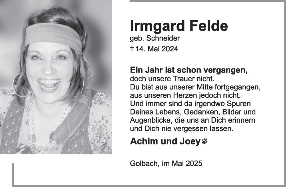  Traueranzeige für Irmgard Felde vom 14.05.2025 aus WochenSpiegel