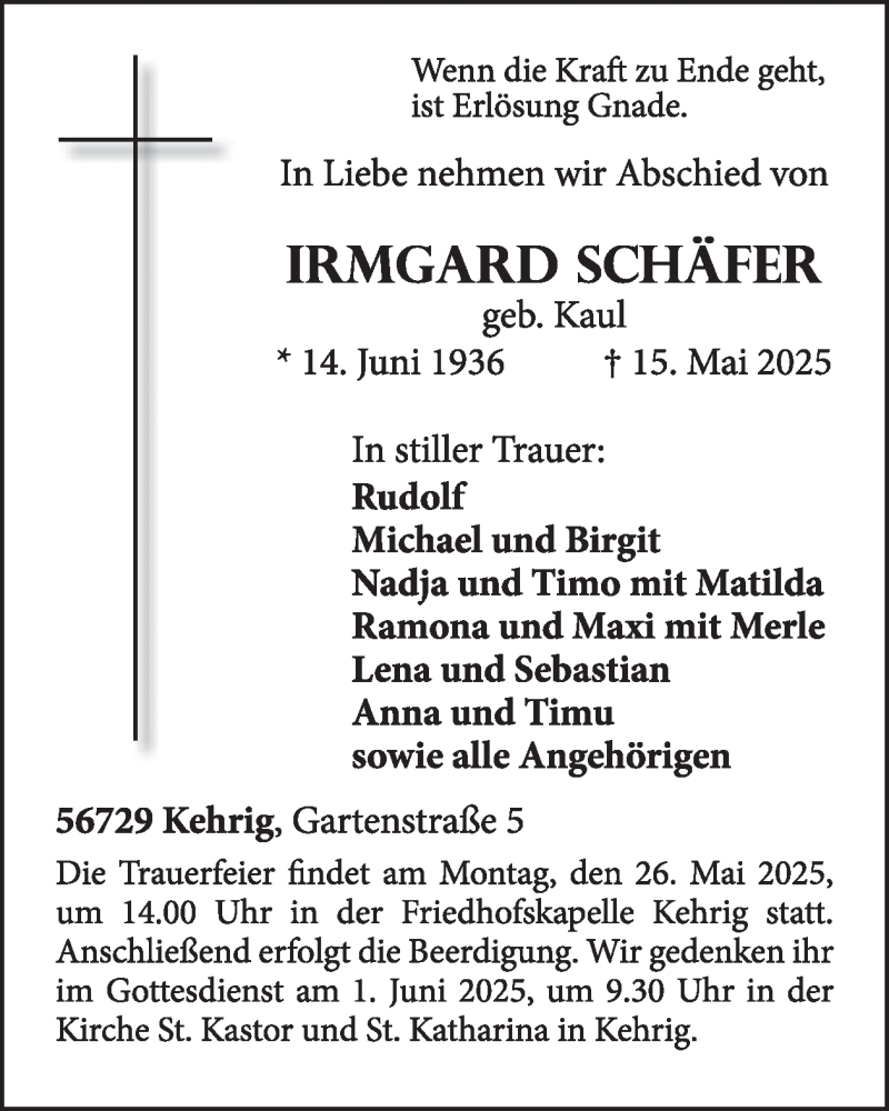  Traueranzeige für Irmgard Schäfer vom 21.05.2025 aus WochenSpiegel